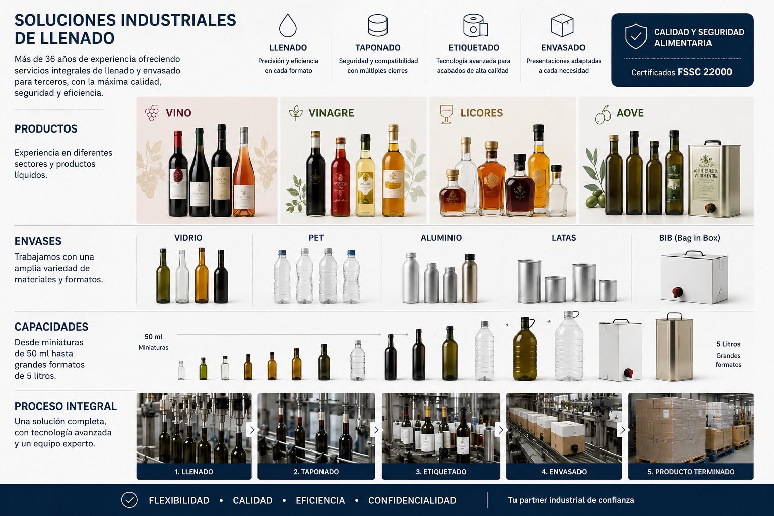 Soluciones industriales de llenado y envasado para vino, vinagre, licores y AOVE en múltiples envases y formatos